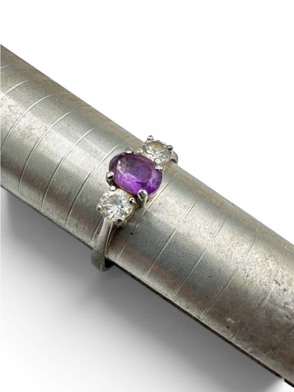 Vintage Sterling Silver Amethyst CZ Three Stone Ring Size 11